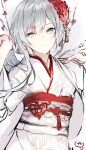  1girl bad_id bad_pixiv_id closed_mouth expressionless flower fukuda935 hair_bun hair_flower hair_ornament japanese_clothes kimono looking_at_viewer short_hair sidelocks signature silver_eyes sinoalice sketch snow_white_(sinoalice) solo tree_branch 