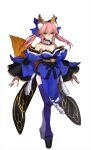  1girl animal_ears arms_at_sides blue_bow blue_legwear blue_skirt blue_sleeves bow breasts brown_eyes cleavage closed_mouth detached_collar detached_sleeves fate/extella fate/extella_link fate/extra fate_(series) fox_ears fox_tail full_body hair_bow highres large_breasts long_hair looking_at_viewer obi official_art pink_hair sash simple_background skirt smile solo standing tachi-e tail tamamo_(fate)_(all) tamamo_no_mae_(fate) tassel thighhighs twintails wada_arco white_background 