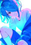  1boy analogous_colors androgynous black_shorts blue_hair brown_eyes dot_nose ebi_(shrimp_eleven) hair_over_one_eye highres inazuma_eleven inazuma_eleven_(series) jacket jacket_partially_removed kazemaru_ichirouta leaning_forward light_blush male_focus parted_lips resized shirt shorts simple_background socks solo t-shirt underlighting upscaled white_background white_shirt white_socks 