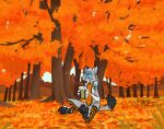  anthro autumn beverage canid canine canis clothing coffee dante_kinkade footwear forest forest_background hi_res knee_highs knee_socks legwear male mammal nature nature_background pawpads paws plant sitting_on_ground socks solo strawbear tree wolf 