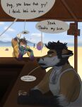 2025 age_difference alcohol ambiguous_species annoyed anthro anthro_on_anthro areola bangs bar beach beach_umbrella beard bedroom_eyes bent_over beverage blush body_hair canid canine casual_nudity chest_hair claws clothed clothed/nude clothing cloud conkycorp container cup day dialogue duo_focus english_text eyebrows facial_hair father_(lore) father_and_child_(lore) father_and_son_(lore) food fox fur glass glass_container glass_cup group hair hand_on_cheek heart_symbol hi_res holding_object ice incest_(lore) jewelry looking_at_another male male/male mammal mature_anthro mature_male muscular muscular_anthro muscular_male mustache narrowed_eyes necklace nipples nude nude_beach offscreen_character one_eye_closed open_mouth open_smile outside parasol parent_(lore) parent_and_child_(lore) parent_and_son_(lore) popsicle popsicle_in_mouth public public_nudity sand seductive shadow shirt sideburns sign signature silhouette sitting smile son_(lore) standing stated_incest tank_top teeth text tongue topwear tuft water wink