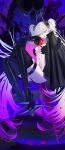  1girl absurdres apple ass black_hands black_jacket black_panties boots breasts colored_extremities demon_wings fate/grand_order fate_(series) food fruit full_body green_eyes high_heels highres holding holding_food holding_fruit horns jacket light_(nightty45) lilith_(fate) long_hair looking_at_viewer navel open_mouth panties pointy_ears smile solo thigh_boots tongue tongue_out twintails underwear white_hair wings 