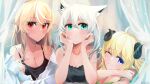  3girls ahoge animal_ears bare_shoulders black_camisole blonde_hair blue_eyes blush breasts camisole cleavage curtains earrings english_commentary eyebrows_visible_through_hair fox_ears fox_girl green_camisole green_eyes hair_between_eyes head_rest highlights highres hololive horns iwahada jewelry looking_at_viewer medium_breasts multicolored_hair multiple_girls one_eye_closed open_clothes open_shirt pointy_ears red_eyes sheep_girl sheep_horns shirakami_fubuki shiranui_flare shirt smile take_your_pick tsunomaki_watame virtual_youtuber white_hair white_shirt 