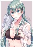  1girl black_bra blouse blush bra breasts cleavage collarbone dated eyebrows_visible_through_hair green_eyes green_hair hair_between_eyes hair_ornament hairclip kabocha_torute kantai_collection large_breasts long_hair long_sleeves navel see-through solo suzuya_(kancolle) twitter_username underwear upper_body wet wet_clothes white_blouse 