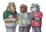  2003 anthro bottomwear brown_body brown_fur canid canine canis clothing fur group humanoid_hands kemono low_res male mammal map pants shirt shorts simple_background suid suina sus_(pig) topwear white_background wild_boar wolf yuuki-abe 