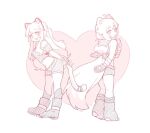  2girls :3 ahoge animal_ear_fluff animal_ears armband arms_behind_back bandaged_arm bandages bangs bare_shoulders blush blush_stickers boots breasts cat_ear_headphones cat_ears cat_girl cat_tail crop_top eyebrows_visible_through_hair fake_animal_ears fingerless_gloves from_behind from_side full_body gloves hand_up happy headphones heart heart_background heel_up jpeg_artifacts kneehighs kneepits leaning_forward linmiu_(smilemiku) long_hair looking_at_viewer looking_back medium_breasts midriff monochrome multiple_girls navel open_mouth original parted_lips paw_boots paw_print pink_background pink_theme ponytail shirt short_shorts shorts simple_background sketch sleeveless sleeveless_shirt small_breasts smile standing stomach symmetry tail tied_hair two-tone_background very_long_hair white_background 