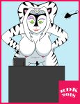  2018 aircraft anthro bent_over breasts duo felid female green_eyes hair helicopter hybrid looking_down macro male mammal mephitid navel nipples nude outside pantherine reddragonkan simple_background skunk solo_focus stripes tiger white_hair zig_zag 