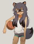  1girl alternate_hair_length alternate_hairstyle animal_ears ball basketball blue_eyes blue_hair blue_shorts brand_new_animal butterchalk furry grey_background holding holding_ball kagemori_michiru long_hair looking_at_viewer raccoon_ears raccoon_girl raccoon_tail shorts simple_background solo sweat tail 