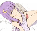  1girl bangs bare_arms bare_shoulders between_thighs book bookmark breasts commentary crescent crescent_hair_ornament dress eyebrows_visible_through_hair frilled_pillow frills from_above hair_ornament highres long_hair looking_at_viewer medium_breasts miyo_(ranthath) open_book partially_colored patchouli_knowledge pillow purple_eyes purple_hair sitting sleeveless sleeveless_dress solo spaghetti_strap touhou very_long_hair white_dress 