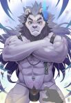  2020 abs anthro biceps black_hair blue_eyes blush bodily_fluids bulge chain chest_tuft claws clothed clothing crossed_arms cum cum_on_face disembodied_hand felid finger_claws fur genital_fluids grey_body grey_fur hair horn lion looking_down male mammal mane mane_hair mumu202 muscular muscular_anthro muscular_male navel navel_piercing pantherine piercing portrait pubes pubic_tattoo pulling_underwear quads skimpy solo standing straps tattoo thong three-quarter_portrait tongue triceps tuft underwear 