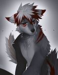  2021 angiewolf anthro black_nose canid canine canis digital_media_(artwork) eyebrows eyelashes fur grey_body grey_fur male mammal red_eyes solo whie_hair wolf 