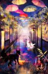  arborlune artist_name dated fox lantern mouth_hold no_humans original outdoors paper_lantern red_umbrella ripples scenery sky stairs star_(sky) starry_sky tanabata tanzaku umbrella window yellow_umbrella 