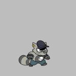  2021 animated anthro biped black_nose bottomwear breeze_in_the_clouds clothing fur grey_background grey_body grey_fur hat headgear headwear humanoid_hands mammal pants procyonid raccoon shorty_(breeze_in_the_clouds) simple_background slightly_chubby solo 