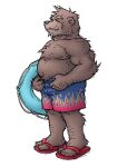  2006 anthro black_nose brown_body brown_fur clothing eyes_closed flip_flops footwear fur humanoid_hands kemono low_res male mammal overweight overweight_anthro overweight_male sandals simple_background solo swimwear ursid white_background yuuki-abe 