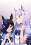  2girls animal_ears aura bangs brown_hair flower hair_over_one_eye hat highres horse_girl light_trail looking_at_another mejiro_mcqueen_(umamusume) multiple_girls muneshiro_(hitsuji_kikaku) purple_eyes purple_hair rice_shower_(umamusume) sailor_collar school_uniform serafuku sweat swept_bangs umamusume 