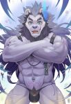  2020 abs anthro biceps black_hair blue_eyes bulge chain chest_tuft claws clothed clothing crossed_arms facial_hair fangs felid finger_claws fur grey_body grey_fur hair horn lion looking_at_viewer male mammal mane mane_hair mumu202 muscular muscular_anthro muscular_male navel navel_piercing open_mouth pantherine piercing portrait pubes pubic_tattoo quads sharp_teeth skimpy solo standing straps tattoo teeth thong three-quarter_portrait tongue triceps tuft underwear 