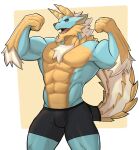  2021 abs anthro biceps blue_body blue_eyes body_hair bottomwear canid canine canis capcom chest_hair clothing fanged_wyvern flexing hi_res horn jrjresq male mammal monster_hunter muscular muscular_anthro muscular_male pecs shorts solo teeth video_games wolf zinogre 