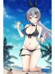  1girl 3boys bangs beach bikini black_bikini blue_sky breasts brown_eyes bunny_hair_ornament cleavage cloud collarbone commission day detached_collar eyebrows_visible_through_hair five-seven_(girls_frontline) food giant giantess girls_frontline hair_ornament harukana_(harukana_10) highres holding holding_spoon ice_cream kneeling large_breasts long_hair multiple_boys navel ocean official_alternate_costume open_mouth outdoors palm_tree ponytail ribbon sand silver_hair skeb_commission skindentation sky spoon stomach sundae swimsuit thigh_ribbon thigh_strap tree wafer_stick 