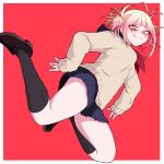  1girl blonde_hair blush boku_no_hero_academia border calf_socks cardigan double_bun fang highres okumari red_background school_uniform sidelocks simple_background sleeves_past_wrists tan_sweater thighs toga_himiko white_border yellow_eyes 