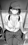  1girl baseball_cap breasts cleavage commentary_request eyebrows_visible_through_hair gentsuki hair_tie hat highres large_breasts looking_at_viewer monochrome original pants pleated_skirt sitting skirt smile solo track_pants twintails unbuttoned unbuttoned_shirt unbuttoning 