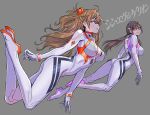  2girls absurdres aqua_eyes bodysuit breasts brown_hair commentary copyright_name covered_navel evangelion:_3.0+1.0_thrice_upon_a_time eyepatch floating floating_hair full_body grey_background hairband hairpods highres interface_headset large_breasts makinami_mari_illustrious multicolored multicolored_bodysuit multicolored_clothes multiple_girls neon_genesis_evangelion orange_hair plugsuit rebuild_of_evangelion red-framed_eyewear skin_tight souryuu_asuka_langley white_bodysuit yamashita_shun&#039;ya 