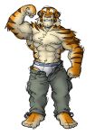  2003 anthro armpit_hair body_hair bottomwear clothing felid humanoid_hands kemono low_res male mammal muscular muscular_anthro muscular_male one_eye_closed pantherine pants simple_background solo tiger underwear white_background wink yuuki-abe 
