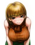  1girl ashley_graham blonde_hair bob_cut breasts closed_mouth large_breasts looking_at_viewer orange_shirt resident_evil resident_evil_4 ribbed_sweater sgk shirt short_hair simple_background sleeveless sleeveless_turtleneck smile solo sweater turtleneck white_background 