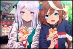  3girls animal_ears apron blue_eyes brown_hair carrot collared_shirt crepe food food_truck hair_ornament highlights highres horse_ears horse_girl ice_cream looking_at_viewer mejiro_mcqueen_(umamusume) multicolored_hair multiple_girls open_mouth pocky purple_eyes purple_hair shirt syrup tokai_teio_(umamusume) tree umamusume v 