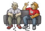  2004 anthro bottomwear brown_body brown_fur canid canine canis clothing controller domestic_dog duo eyes_closed fur furniture game_controller gaming kemono low_res male mammal pants playing_videogame shirt sitting sofa topwear yuuki-abe 