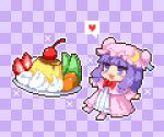  1girl bangs blunt_bangs bow bowtie checkered checkered_background cherry crescent crescent_pin dress food fruit full_body happy_birthday hat heart kumamoto_(bbtonhk2) long_hair lowres mob_cap open_mouth orange_(food) patchouli_knowledge pink_dress pink_footwear pink_headwear pixel_art plate purple_background purple_eyes purple_hair red_bow red_neckwear sidelocks solo speech_bubble spoken_heart star_(symbol) strawberry symbol_commentary touhou 