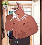  anthro belly blush borkthunder canid canine canis domestic_dog hair hairless hairless_dog male mammal musclegut nipples phone photo primitive_dog solo sweatpants tattoo topless_male xoloitzcuintli 