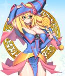  1girl absurdres arm_up bare_shoulders blonde_hair blush_stickers breasts choker cleavage dark_magical_circle dark_magician_girl duel_monster green_eyes hat highres large_breasts long_hair looking_at_viewer mer4 pentacle sleeveless solo star_(symbol) wand wizard_hat yu-gi-oh! yu-gi-oh!_duel_monsters 