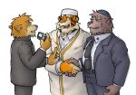  2003 anthro bottomwear brown_body brown_fur canid canine canis clothing domestic_dog duo eyes_closed felid fur hand_holding humanoid_hands kemono low_res male mammal necktie pantherine pants shirt simple_background slightly_chubby tiger topwear ursid white_background yuuki-abe 