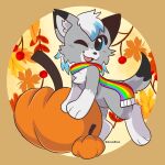  anthro autumn belovedfoxx canid canine canis dante_kinkade food fruit hi_res invalid_tag leaf lgbt_pride male mammal plant pride_colors pumpkin scarf solo wolf 