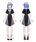  1girl absurdres arms_at_sides black_dress black_footwear blue_eyes blue_hair blue_nails brooch character_request dress grey_dress hair_ornament high_heels highres jewelry kamitsubaki_studio medium_hair multiple_views shirone_(coxo_ii) simple_background standing two-tone_dress virtual_youtuber white_background 