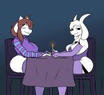 &lt;3 2021 alternate_species anthro arm_warmers armwear asriel_dreemurr_(god_form) big_breasts black_sclera boss_monster bovid breasts brown_hair candle caprine chair cleavage clothed clothing crossgender dating duo english_text female female/female fur furniture goat hair heart_marking horn legwear long_ears looking_at_another mammal markings monster mtf_crossgender protagonist_(undertale) pupils romantic_ambiance romantic_couple signature simple_background sitting smile stockings superking text undertale video_games white_body white_eyes white_fur white_hair white_pupils 
