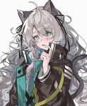  1girl ahoge animal_ears aogisa arknights bangs blue_eyes cat_ears cat_girl cat_tail curly_hair hair_over_one_eye highres jacket long_hair looking_at_viewer pixel-perfect_duplicate silver_hair simple_background solo tail white_background 
