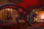black_body black_claws black_fur black_horn black_mane blue_eyes claws dragon female feral fur hi_res horn looking_at_viewer mane membrane_(anatomy) membranous_wings mythological_creature mythological_scalie mythology pink_vulva presenting_vulva red_body red_membrane red_scales scales scalie solo wings ztalex