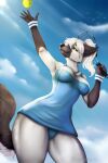 2:3 5_fingers anthro arctic_fox ball black_nose breasts canid canine clothed clothed_anthro clothed_female clothing female fingers fox fur gloves_(marking) hair hi_res humanoid_hands kraven-gothly louise_(grimsilverfire) mammal markings panties smile solo tail tennis_ball tennis_racket true_fox underwear white_body white_fur white_hair wristband