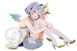  +_+ 1girl alternate_costume amane_kanata angel angel_wings bare_shoulders blue_hair blue_wings blush boots bridal_gauntlets colored_inner_hair commentary_request crossed_bangs detached_collar dress elbow_gloves feathered_wings full_body glove_cutout gloves gold_trim gradient_wings grey_hair hair_between_eyes hair_intakes halo hand_on_own_leg hand_up high_heel_boots high_heels highres hololive knees_up legs looking_at_viewer medium_hair mini_wings multicolored_hair multicolored_wings off-shoulder_dress off_shoulder open_hand open_mouth oracle_(amane_kanata) purple_eyes sidelocks simple_background sitting smallpine_7 smile solo star_halo thigh_boots virtual_youtuber watermark white_background white_boots white_dress white_gloves white_wings wings 