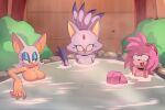 absurd_res amy_rose anthro bat blaze_the_cat blush breasts eulipotyphlan eyeshadow felid feline female flat_chested group hedgehog hi_res hot_spring makeup mammal nervous nude onsen open_mouth partially_submerged rouge_the_bat sega smile sonic_the_hedgehog_(series) tan_body tan_skin trio water xao_art