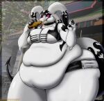 2025 absurd_res anthro belly big_belly big_breasts big_butt bottomwear breasts butt clothing deep_navel digital_media_(artwork) eating female food gateon hi_res huge_thighs markings meat navel nimis_(viroveteruscy) obese obese_anthro obese_female overweight overweight_anthro overweight_female purple_sclera red_eyes shorts solo steam thick_thighs topwear torn_bottomwear torn_clothing torn_shorts viroveteruscy white_body world_gates
