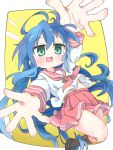  1girl :3 ahoge black_shoes blue_hair blush border brown_socks commentary dot_nose floating_clothes green_eyes hair_between_eyes highres izumi_konata kneehighs loafers long_hair long_sleeves looking_at_viewer lucky_star midriff_peek miniskirt mole mole_under_eye neckerchief open_hands open_mouth outside_border outstretched_arms palms pleated_skirt reaching reaching_towards_viewer red_neckerchief red_sailor_collar red_skirt ryouou_school_uniform sailor_collar sailor_shirt school_uniform serafuku shinshin_(ssnsn_oekaki) shirt shoes sidelocks skirt smile socks solo spread_fingers very_long_hair white_border white_shirt yellow_background 