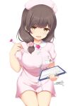  1girl absurdres argentum_2o blush breasts brown_eyes brown_hair dress hair_ornament hat highres holding large_breasts long_hair looking_at_viewer nurse nurse_cap ongeki open_mouth sakurai_haruna_(ongeki) short_sleeves smile solo twintails 