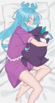  1girl ^_^ absurdres barefoot blue_bow blue_hair blue_wings bow breasts closed_eyes closed_mouth colored_tips commentary cuddling double-parted_bangs dress elira_pendora english_commentary feet_out_of_frame frilled_nightgown from_above gengar grin hair_between_eyes hair_intakes hair_spread_out hair_wings happy head_bow head_on_pillow head_wings highres hug hug_from_behind karassawa long_eyelashes long_hair long_legs lying multicolored_hair nightgown nijisanji nijisanji_en nose_bubble on_bed on_side outstretched_arms parted_lips pillow pokemon pokemon_(creature) print_bow profile puffy_short_sleeves puffy_sleeves purple_nightgown raised_eyebrows short_dress short_sleeves sidelocks sleeping smile spooning streaked_hair tail teeth thick_eyelashes thighs two-tone_hair two-tone_wings u_u very_long_hair virtual_youtuber white_hair white_streaks white_wings wings 