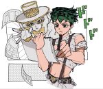  1boy 1other black_hair bow bowtie clothing_cutout colored_skin cropped_shirt diamond_wa_kudakenai drawing_(action) earrings fu_r_y green_eyes green_hair halftone hat headband heaven&#039;s_door holding holding_pen holding_sketchbook jewelry jojo_no_kimyou_na_bouken kishibe_rohan looking_at_object looking_at_viewer midriff nib_pen_(object) pen shirt sketchbook stand_(jojo) suspenders top_hat white_hat white_shirt white_skin 