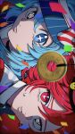  2girls aqua_eyes blue_hair blue_hat bow collared_shirt confetti contrast_collar diagonal-striped_bow drill_hair film_grain hair_between_eyes hat hatsune_miku highres kasane_teto looking_at_object mesmerizer_(vocaloid) mismatched_pupils multiple_girls nose parted_lips pendulum pinstripe_hat portrait red_background red_bow red_eyes red_hair red_hat shirt side_drill sideways smiley_hat_ornament star-shaped_pupils star_(symbol) striped_clothes striped_shirt sweatdrop symbol-shaped_pupils tareme tatutatuta45 tsurime two-tone_bow utau visor_cap vocaloid white_bow wing_collar 