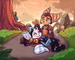 anthro being_watched blush boots clank_(ratchet_and_clank) clothed clothing cybernetic_arm cybernetic_limb detailed_background eyewear eyewear_on_head female footwear fur gloves goggles goggles_on_head grass group handwear happy hi_res kit_(ratchet_and_clank) lombax looking_at_another lou_lubally machine male male/female mammal markings open_mouth open_smile plant prosthetic prosthetic_arm prosthetic_limb ratchet_(ratchet_and_clank) ratchet_and_clank ring ring_(marking) ringed_tail rivet_(ratchet_and_clank) robot rock scarf shoes signature smile sony_corporation sony_interactive_entertainment striped_body striped_fur striped_markings striped_tail stripes tail tail_markings tail_tuft tree tuft
