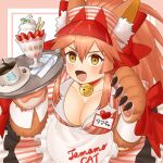  1girl animal_ear_fluff animal_ears apron bangs bell bow breasts character_name cleavage clothes_writing coffee collar collarbone dress fang fangs fate/extra fate/grand_order fate_(series) food fox_ears fox_girl fox_tail gloves hair_between_eyes hair_bow highres ice_cream jingle_bell large_breasts long_hair lostroom_outfit_(fate) neck_bell open_mouth paw_gloves paws pink_hair ponytail puffy_short_sleeves puffy_sleeves red_bow short_sleeves sidelocks smile spoon striped striped_dress sundae tail tamamo_(fate)_(all) tamamo_cat_(fate) tray visor_cap white_apron yakitorioic yellow_eyes 