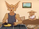 anthro appliance bagel basitin beverage bread clothed clothing coffee coffee_mug container cooking cup digital_media_(artwork) duo eyes_closed female fingers food fur furniture hair hi_res holding_container holding_cup holding_mug holding_object kitchen kitchen_appliance kitchen_utensils madelyn_adelaide male mammal mug omelette oven pan ruth66 shirt sitting sleeping smile standing tank_top tools topwear twokinds